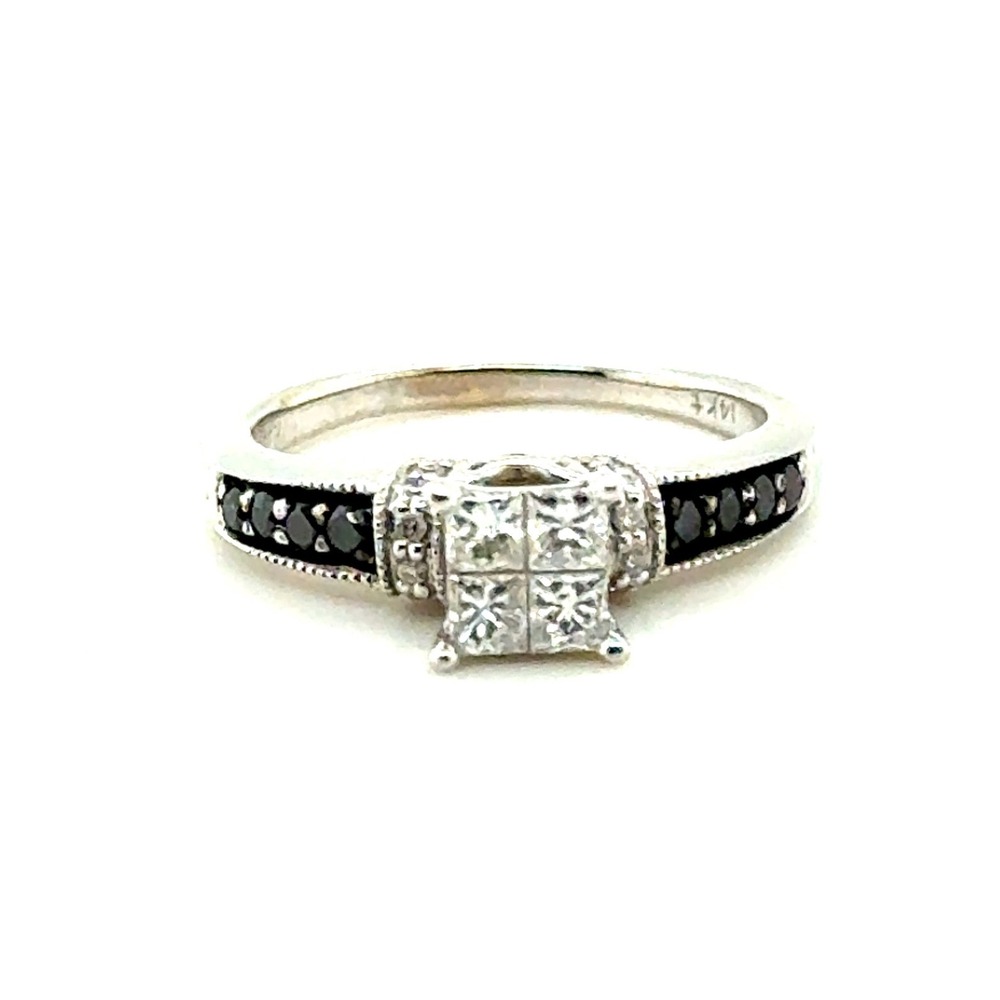 14k White‎ Gold Black and White Diamond Princess Cut Quad Ring Size 5